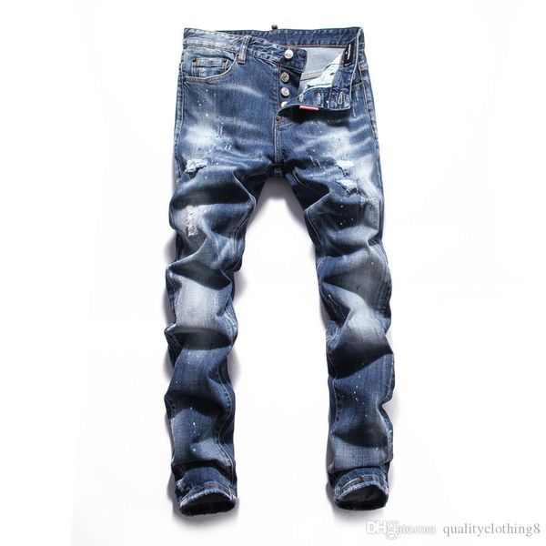 

2020 мужские дизайнерские джинсы мужская мода тонкий цветной патч кнопки fly прямые брюки мужские рваные джинсы мотоцикл мужская хип-хоп оде, Blue