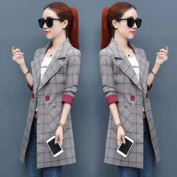 

spring autumn women long sleeve plaid blazer and coat korea style casual ladies long outerwear office blazer jacket, White;black