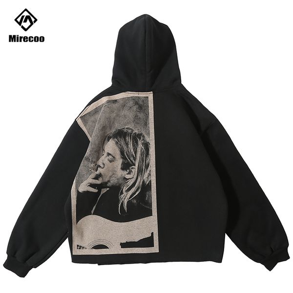 

kurt cobain print fleece thick hoodies men hip hop punk rock pullover hooded sweatshirts streetwear 2020 fashion hoodie, Black
