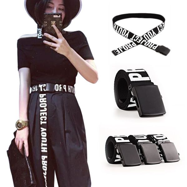 

woman gothic harajuku street belt canvas punk letters printed decoration loop shaped mental buckle jeans waist belt 2019 new, Black;brown