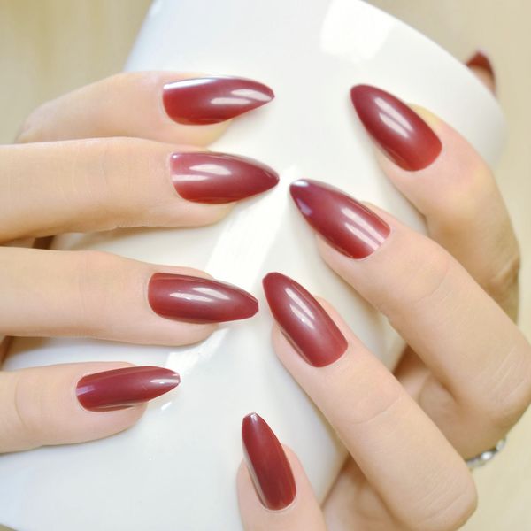 

24pcs purplish red stiletto false nail full cover acrylic nail tips artificial nails fake nails fuax ongles, Red;gold
