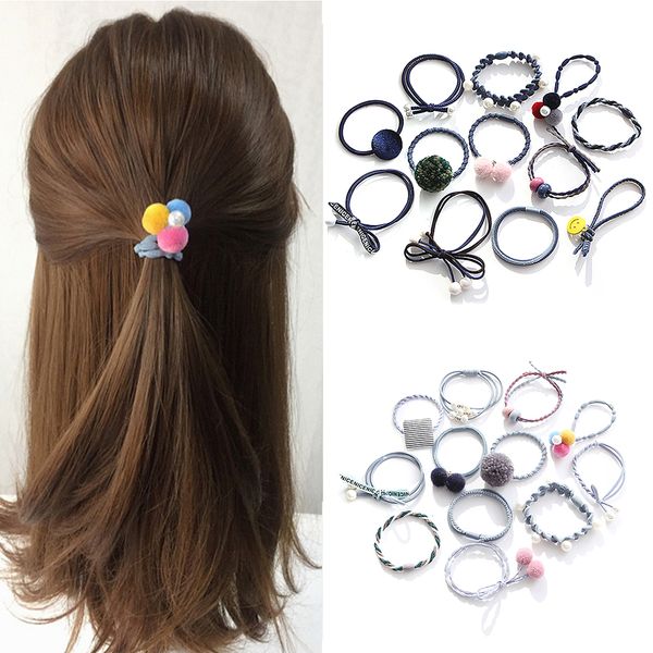 

12pcs winter women girls hair band set pom pom beads hair tie bow rope kids ponytail holders