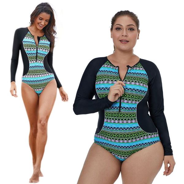 

Womens Plus Size One Piece Bohemian Geometric Pattern Patchwork Long Sleeves Snorkeling Surfing Swimsuit Zip Front