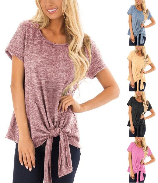 

european and american women's clothing coat hem knot t-shirt short sleeve shirt, White