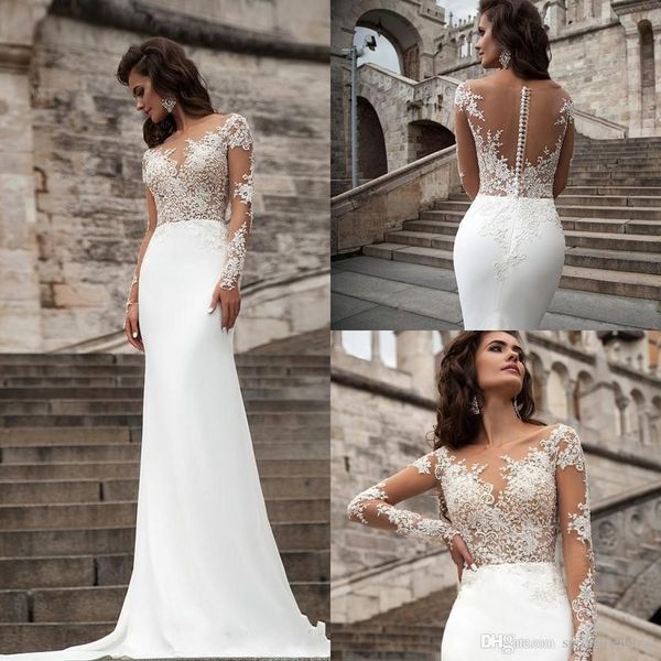 Millanova 2019 Abiti da sposa sexy in pizzo a maniche lunghe trasparenti Beach A Line Sweep Train Appliqued Backless Chiffon Abiti da sposa bohémien 1222