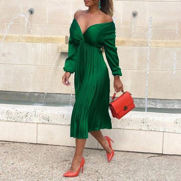 

slash neck green dress party club pleated midi dresses robe femme vestiods 2020 black fashion dress, Black;gray