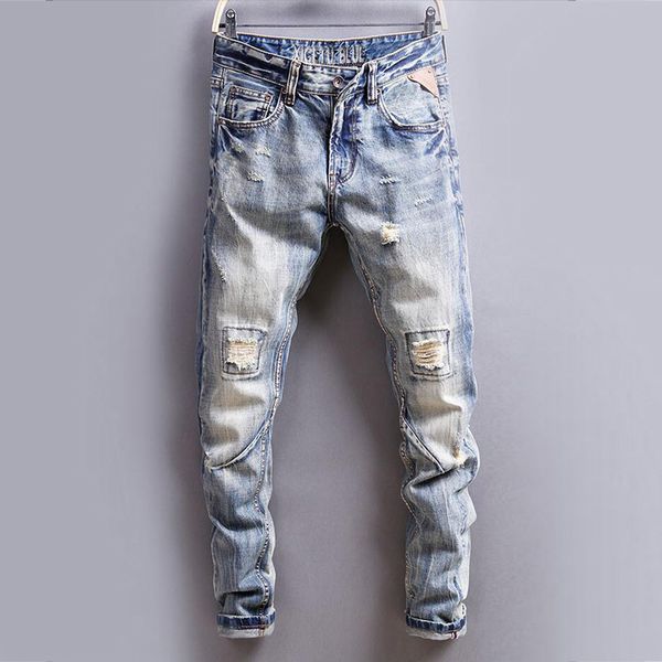 

italian vintage designer men jeans slim fit buttons jeans casual long pants ripped straight classical men, Blue