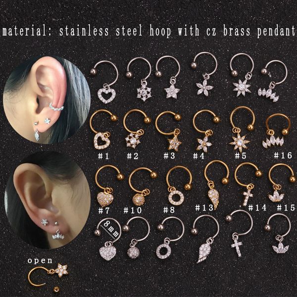 

new silver gold circular horseshoe steel hoop with small brass cz pendant rook tragus cartilage ear piercing jewelry, Slivery;golden