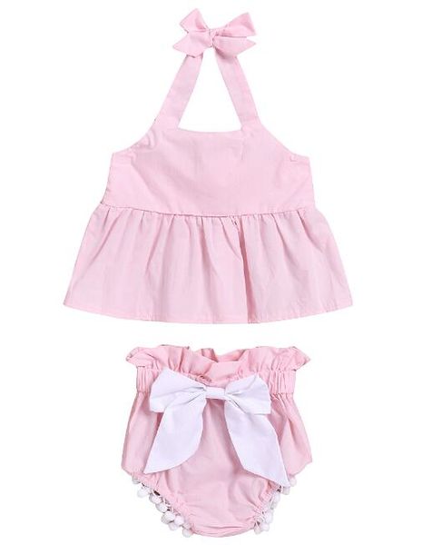 Dhl-freies Verschiffen Baby Mädchen Kleidung Rosa Solide Top Bogen Quasten Kurze Kinder Kleidung Kleinkind Sets Outfits Mode Günstige Sets BY0826