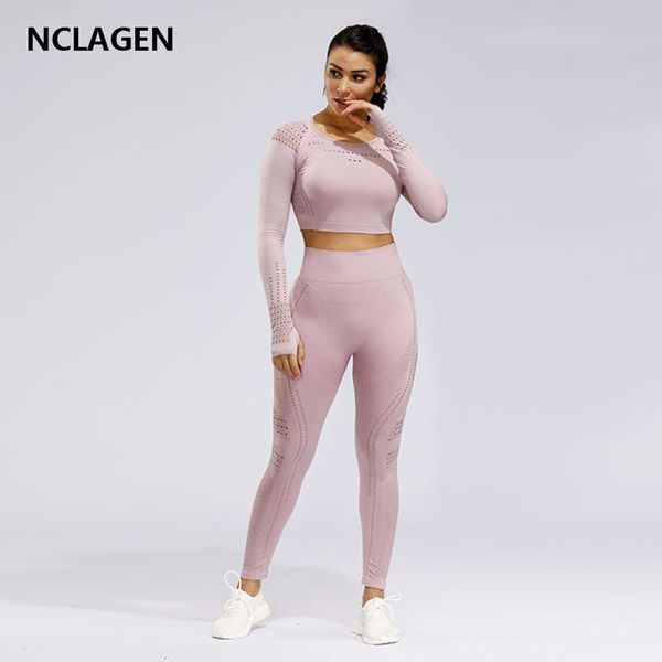 

женская спортивная одежда спорт йога set бесшовные нейлон бег йога костюм рубашка брюки high stretch sexy gym тренировки фитнес top nclagen