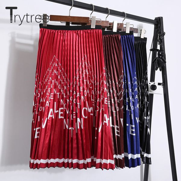 

trytree autumn winter women casual letter skirt 4 colour pleated skirt a-line fashion elastic waist mid-calf office lady skirt, Black;gray