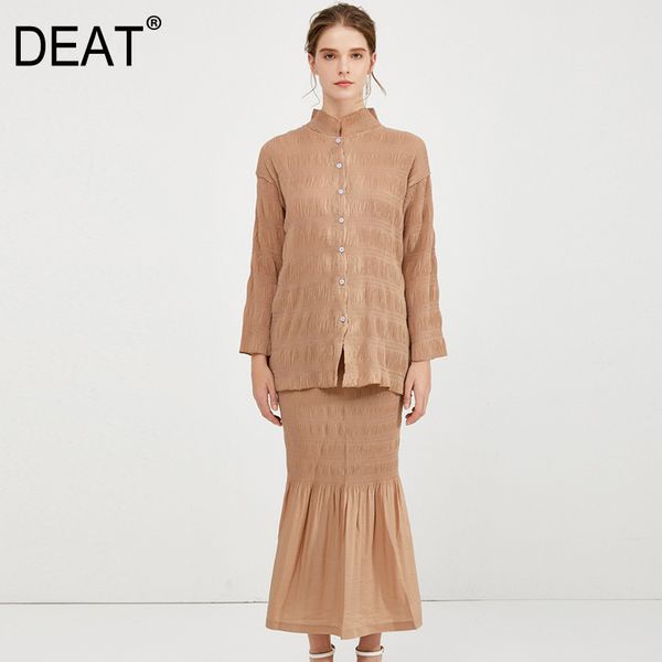 

deat] 2020 новый прилив плиссированные женщины костюм высокое качество винтаж элегантный стенд collor топ тонкий рыбий хвост юбка из двух ч, White