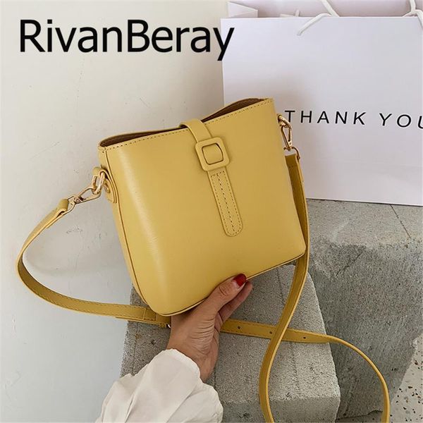 

дизайн пряжки ремня ведро сумки мода заклепки crossbody сумки для женщин 2020 лето сплошной цвет искусственная кожа плечо посланник