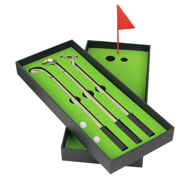 

golf club ballpoint pen set, with putting green, mini golf training scene