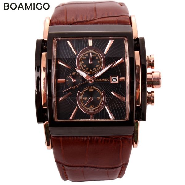 Boamigo Orologi al quarzo da uomo Quadrante grande Orologi sportivi casual di moda Orologi sub quadranti in oro rosa Orologio da polso maschile in pelle marrone Y19070603