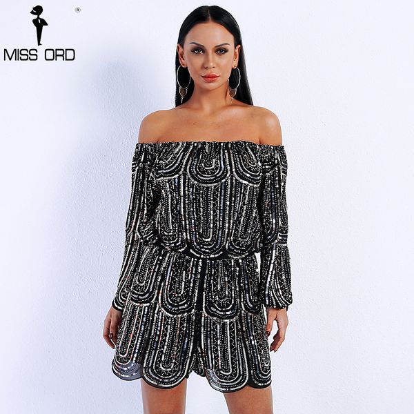 

missord 2019 spring and summer off shoulder long sleeve sequin romper irregular side playsuit ft9020, Black;white