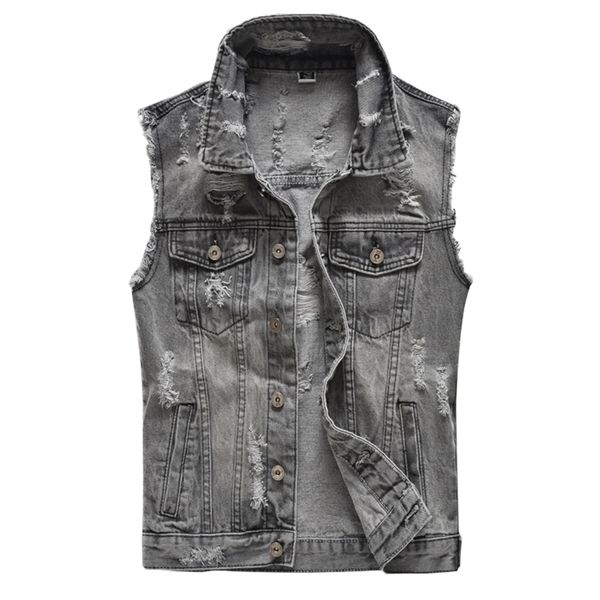 

men's gray holes ripped jean vest slim sleeveless fringe denim tank fashion waistcoat, Black;white