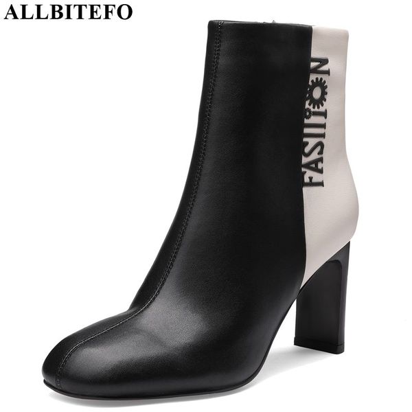 

allbitefo natural genuine leather women boots ankle boots autumn winter high heel fashion mixed colors, Black