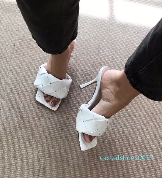 

new fashion luxury designer womens high-heeled with australia woven lambskin square head lady office club slippers in summer 15c, Black