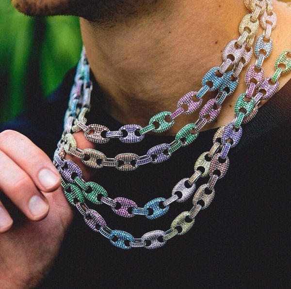 

2019 12mm men's hip-hop coloured zircon solid necklace micro-inlaid five-colour rainbow man button chain jewelry 18inch,22inch, Silver