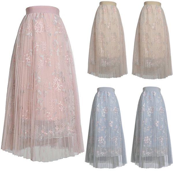 

spring autumn fashion women's high waist pleated solid color women girls big swing tulle pleated long maxi tutunet skirt vestido, Black