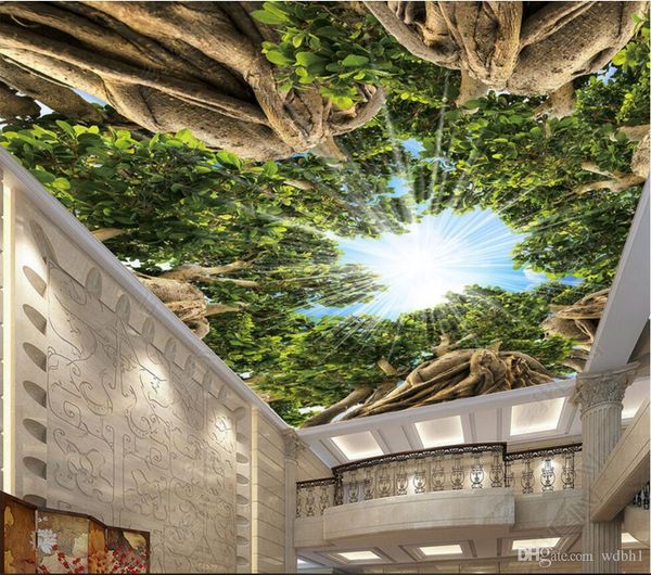 

3d ceiling murals wallpaper custom p non-woven mural primitive forest big tree sky light through the of the tree zenith painting