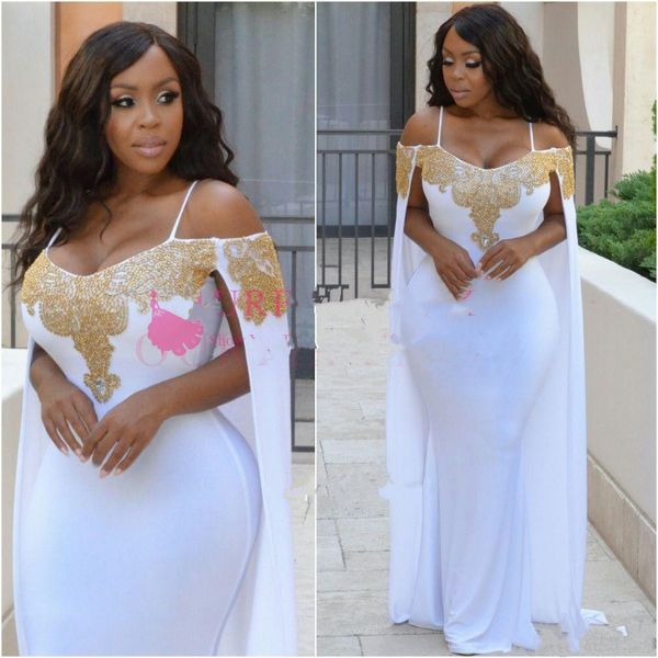 

2019 white nigera style spaghetti straps mermaid prom dresses gold sequins and beaded with wrap sweep train formal occasion evening dresses, Black