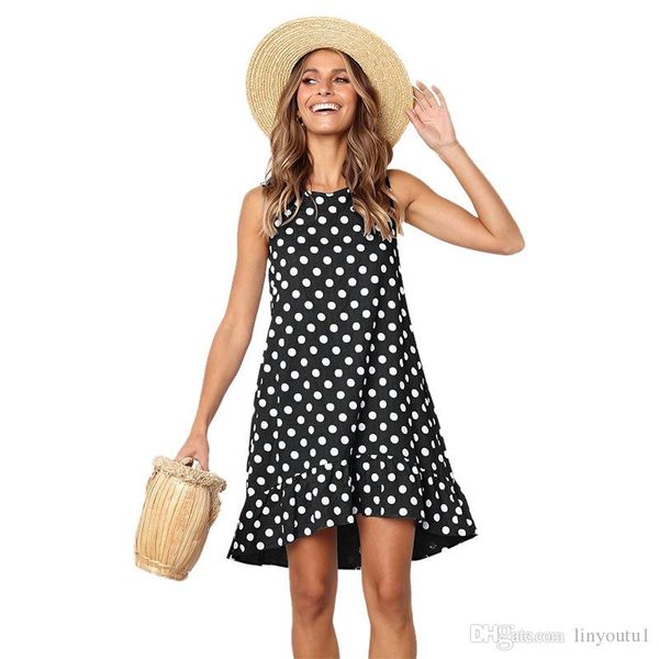 

2020 summer polka dot wrapped dress o neck ruffles mini dress slim vacation beach smocks korean fashion, Black;gray