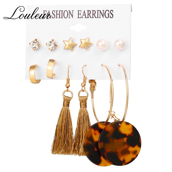 

louleur new fashion moon crystal pearl tassel stud earrings set for women gold vintage round leopard earrings brincos jewelry, Golden;silver