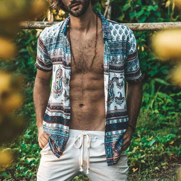 

mens clothing multi color lump chest pocket retro ethnic shirt streetwear short sleeve round hem loose shirts blouse plus size, White;black
