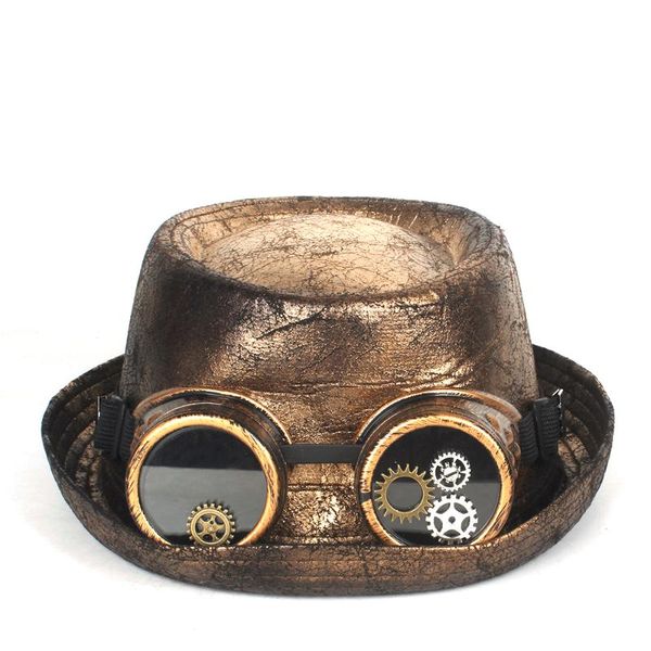 

2 size leather steampunk hat for men fedora hat pork pie gear glasses flat for gentleman bowler gambler cosplay, Blue;gray