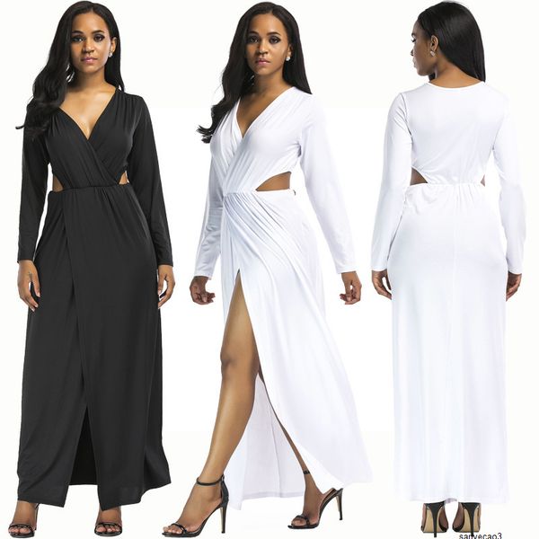 

womens designer solid color banquet dress v-neck long sleeve hip split dress h8s8h, Black;gray