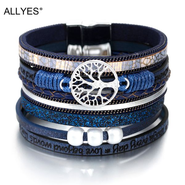 

allyes tree of life cuff bracelets for women 2019 fashion ladies bohemian multilayer wide wrap leather bracelet female jewelry, White