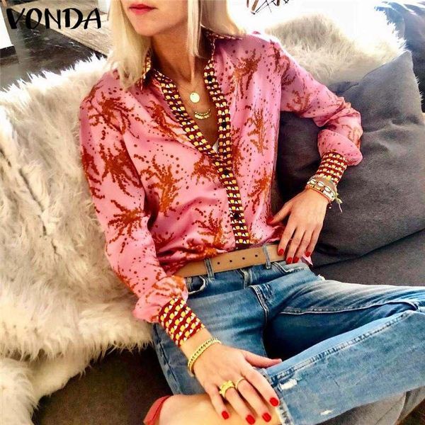 

vonda new 2019 women blouses bohemian vintage print shirts lapel neck long sleeve beach blusas femininas plus size s-5xl, White
