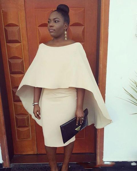 

simple short cocktail dress with cape back sheath scoop neck knee length ivory party gowns black girls prom dress custom made