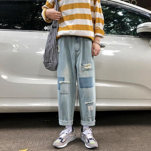 

2019 autumn men's baggy homme classic cargo pocket wash jeans blue holes casual pants biker denim loose trousers plus size -2xl