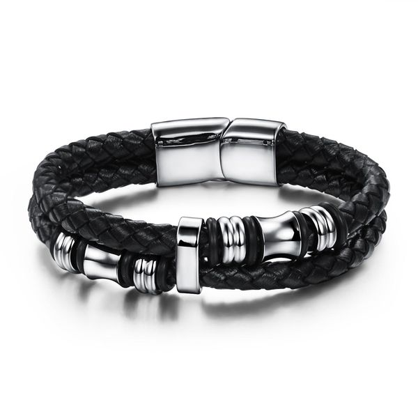 

casual/sporty double layer genunie leather bracelets bangles fashion new stainless steel magnet jewelry for men, Black