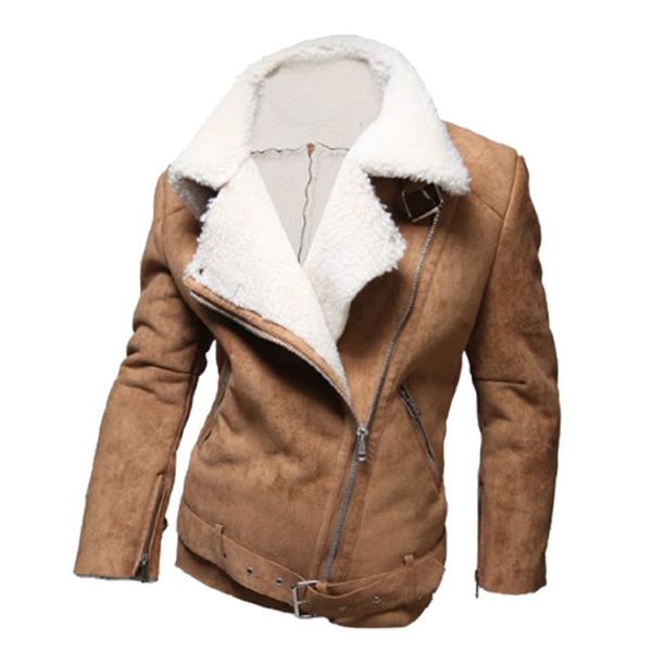 

winter jackets men fashion warm thicker lamb's wool coat suede short over coats camel zipper mens windbreakers, Black