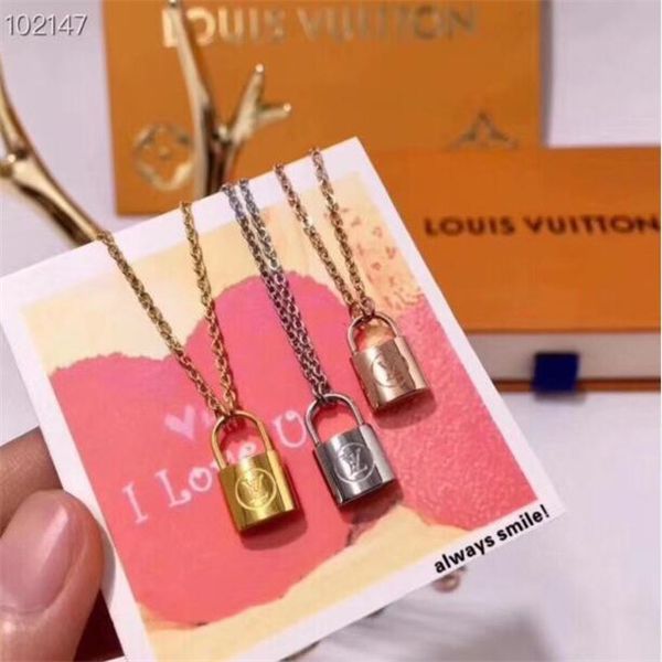 

2020 designer branded couple necklace luxuries lock pendant necklaces 18k titanium steel plated women necklace f louÃ¬s vuÃ¬ttÃµn gift, Black