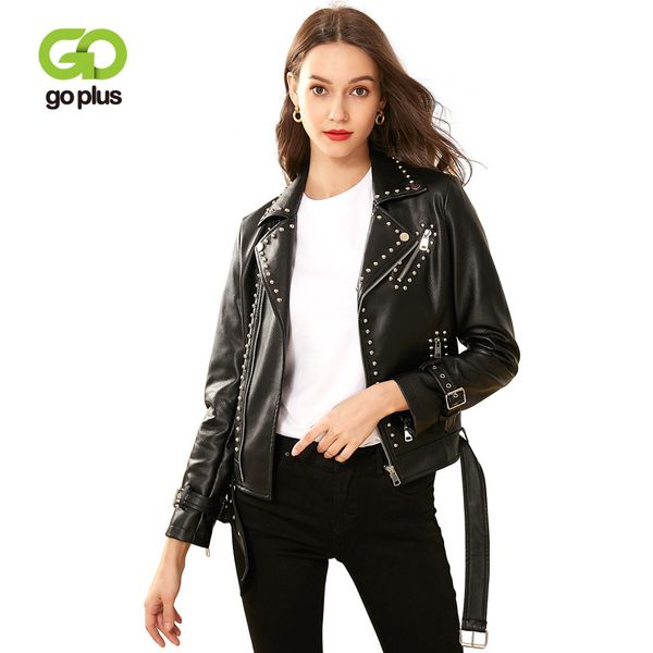 

goplus women's moto biker jacket rivet adjustable waist womens leather jackets and coats veste en cuir femme kurtka damska c9528, Black