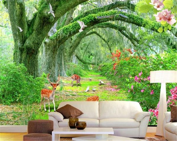 Living 3d Wallpaper Green Tree Forest Sika Deer Flower 3D TV Soggiorno Sfondo Muro Decorazione interna Carta da parati murale in seta