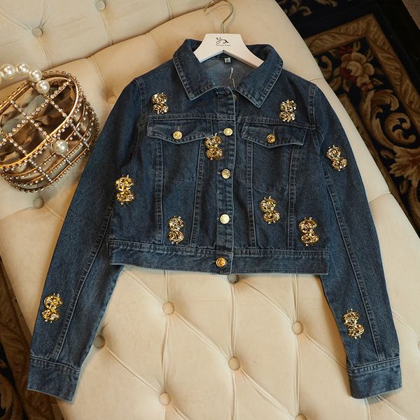 

2019 fashion gold money appliques women blue denim jackets coats runway single breasted crop jeans jacket overcoats clothes, Black;brown
