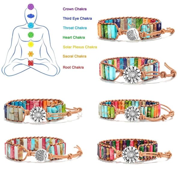 

7 chakra reiki healing natural stone beaded bracelets for men women handmade rope leather wrap healing yoga flower jewelry gift, Golden;silver