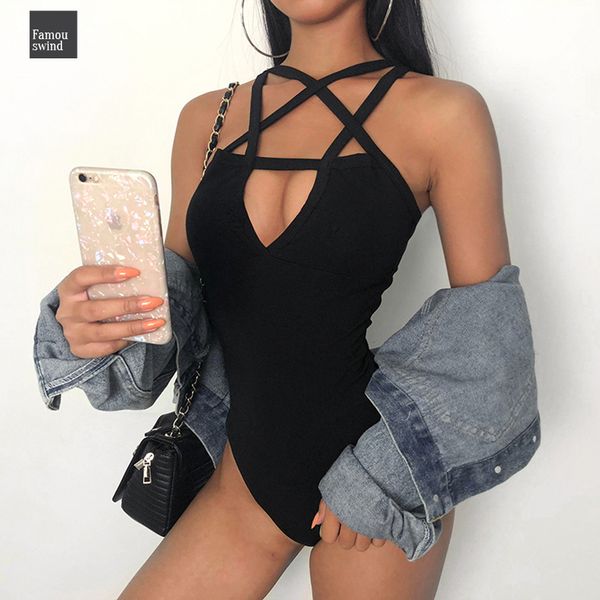 

backless bodysuits star pattern cross bandage skinny crotch women 2019 spring streetear sleeveless open bodysuit, Black;white