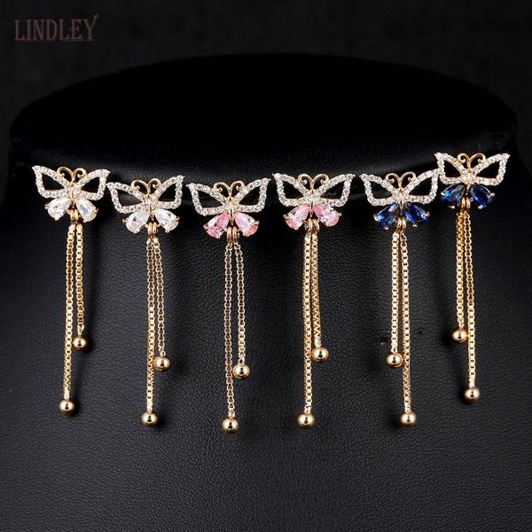 

stud lindley vintage long tassel butterfly earrings for women drop golden zircon insect red blue while crystal jewelry, Golden;silver