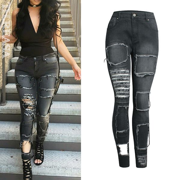 

vintage hole jeans for women ripped black jeans boyfriend denim pants high street destroyed, Blue