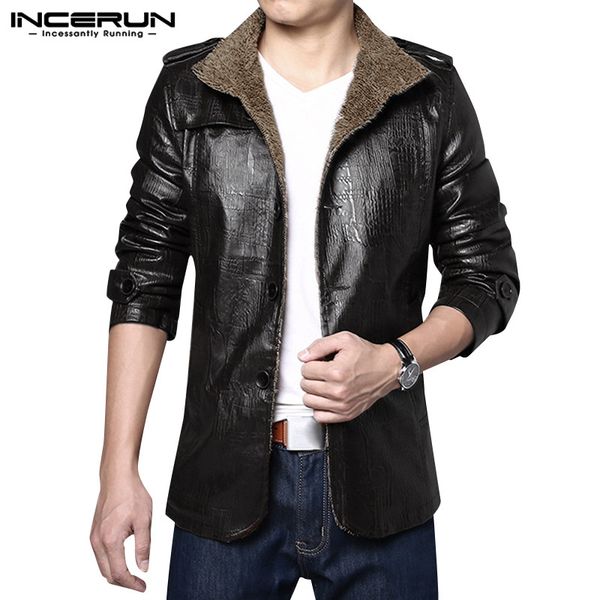 

winter fashion men jackets pu leather streetwear lapel long sleeve coats business casual jackets 2019 warm men overcoats incerun, Black