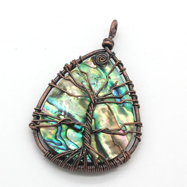 

wholesale 5 pcs copper plated wire wrap abalone shell geometric pendant tree of life ethnic style jewelry, Silver
