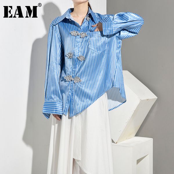 

eam] women blue striped asymmetrical blouse new lapel long sleeve loose fit shirt fashion tide spring autumn 2020 jt2030, White