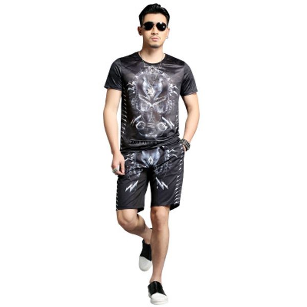 

men's designer casual suits summer personality print t-shirt trend five minutes pants shirt baggy shorts fashion two-piece wholesale, Gray